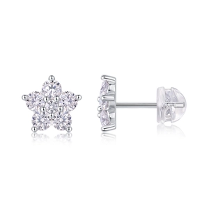 Macro shot of silver five-petal flower studs with sparkling zircon and silicone backings