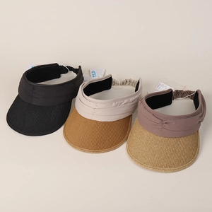Women Sun Visor Hat Straw Cotton Patchwork Empty Top Wide Brim UV Protection Summer Beach Fashionable Pleated Band