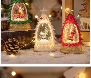 Detail of Christmas tree snow globes with Santa and snowman on a festive background