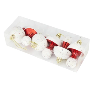 Christmas mushroom ornament set with red and white glitter finishes in clear packaging box