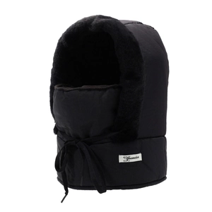 Winter thermal trapper hat with integrated face mask and thick fleece lining in black