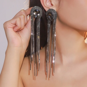 Fashion long crystal tassel earrings with sparkling rhinestones for evening party and gala