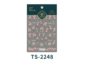 Detail of TS-2248 embossed tulip nail art stickers with pink floral designs and lucky text