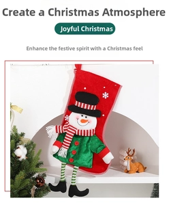 Detailed view of creative red Christmas stocking with cute snowman and striped long legs