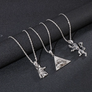 Silver pyramid lion and Anubis pendant necklace set with stainless steel twist chain