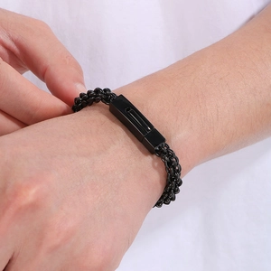 Titanium steel woven chain bracelet in black finish with rectangular metal clasp for men
