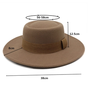 Brown flat top wool felt hat measurements with 56-58cm circumference and 8cm wide brim