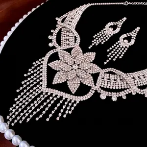 Elegant silver floral tassel necklace and earrings set with shimmering rhinestones