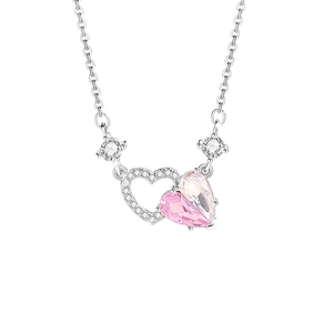925 Sterling Silver Heart Pendant Necklace with Pink Pear-Cut Crystal and Zircon Stones
