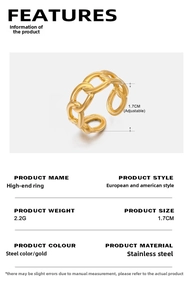 Macro shot of 18K gold plated stainless steel chain link ring with adjustable band