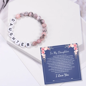 Pink zebra stone bracelet with Daughter letter beads and sentimental gift card for girls