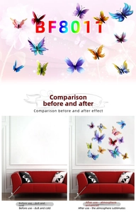 Detail of 3D colorful PVC butterfly wall stickers showing before and after effect