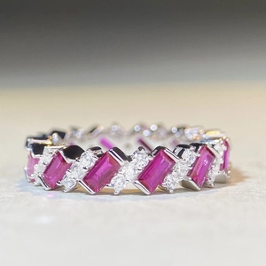 S925 sterling silver ring with emerald cut pink stone and paved diamonds