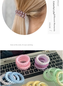 Detailansicht bunter Spiral-Haargummis in Macaron-Farben für einen sanften Halt