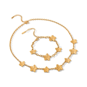 Luxury gold flower necklace and bracelet set in stainless steel with brushed finish