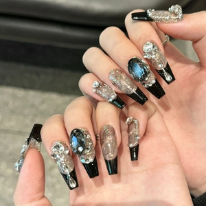 Handmade black French coffin press-on nails with luxury rhinestones and glitter gradient