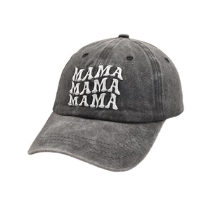 Dark grey washed cotton baseball cap featuring triple MAMA white embroidery detail