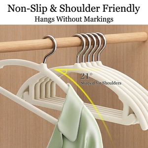 Non-slip velvet hanger with 21-degree shoulder-curved design in beige finish
