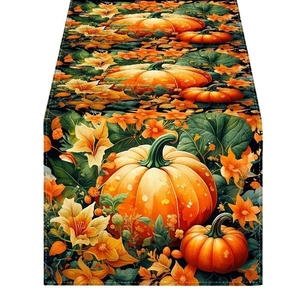 Autumn pumpkin and floral print table runner for Thanksgiving dining room decoration
