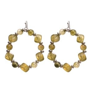 Olive green acrylic geometric beaded hoop earrings with silver spacers on white background