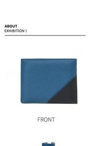 Front view of a bi-color bifold men's wallet in navy blue and black Saffiano leather
