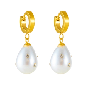 Vintage gold hoop earrings with white teardrop pearls and embedded sparkling crystals
