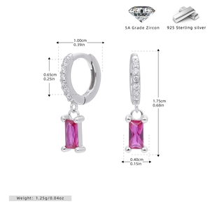 Macro detail of S925 silver earrings with pink rectangular zircon and size measurements