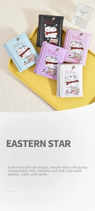 Close-up of compact PU wallets with cute cat patterns and multiple card slots