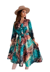 Elegantes Damen Langarmkleid mit V-Ausschnitt, abstraktem Marmordruck und Taillenband