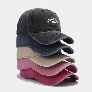 Vintage washed cotton baseball caps with AQUIVER embroidery in multiple colors