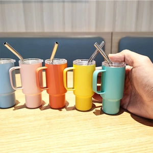 2oz mini stainless steel insulated tumbler with handle and straw in five bright colors