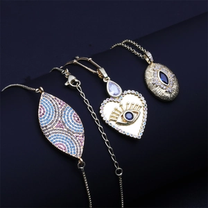 Golden heart and evil eye pendant necklace set with colorful zircon stones inlay