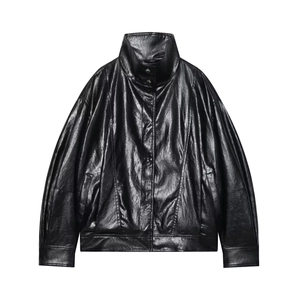 Women PU Leather Bomber Jacket Stand Collar Solid Color Streetwear Casual Snap Button Outerwear Chic Coat Black