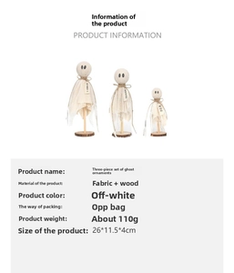Detailed view of trio set white fabric ghosts on wooden bases for Halloween decor