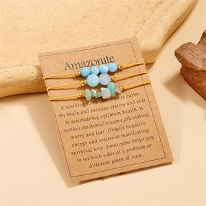 Three-piece Amazonite beaded bracelet set with braided rope and golden metal spacers