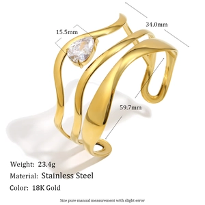 Detailed technical diagram of 18K gold stainless steel heart and teardrop zircon bracelet