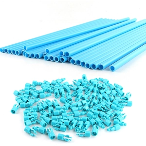 DIY tent construction set with blue plastic tubes and connectors for building castles
