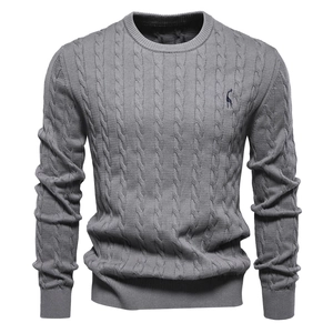 Men's grey cable knit sweater with detailed giraffe embroidery and classic crew neck