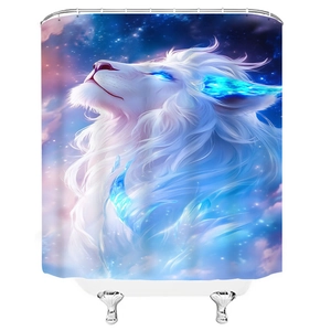 Detail view of fantasy white lion shower curtain with glowing blue eyes in a starry nebula