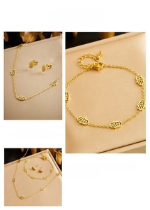 Macro detail of gold plated Hamsa Hand jewelry set including necklace and earrings