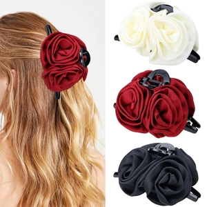 Rose Flower Hair Claw Clip Satin Fabric Blossom Design Shark Clip Elegant Ponytail Holder Women Hair Accessories