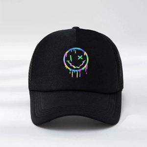 Detailed front view of black mesh trucker hat with colorful liquid drip smiley face logo