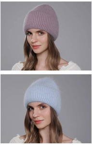 Close-up of purple and light blue ribbed knit beanies with soft angora rabbit fur texture