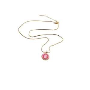 Golden necklace with pink enamel Hand of Fatima pendant and sparkling crystals