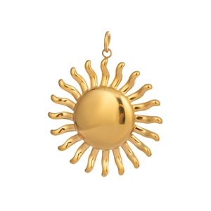 Detailed view of 18K gold plated stainless steel sun pendant with polished wavy rays