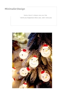 Detail of warm white LED string lights featuring cute snowman with red Santa hats