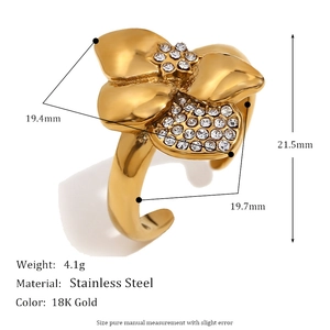 Detailed view of flower ring with 18K gold plating, dimensions, and material specs