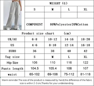 Size chart for grey wide-leg lounge pants showing S to XL measurements and fabric details