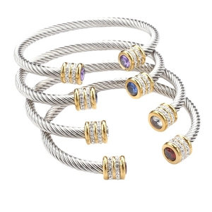 Two-tone stainless steel cable bracelets with sparkling zircon and colorful gemstones