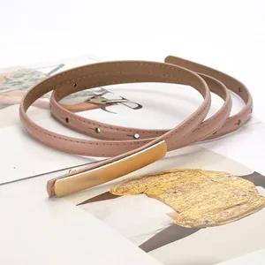 Slim dusty pink leather belt for women with elegant rectangular gold metal buckle